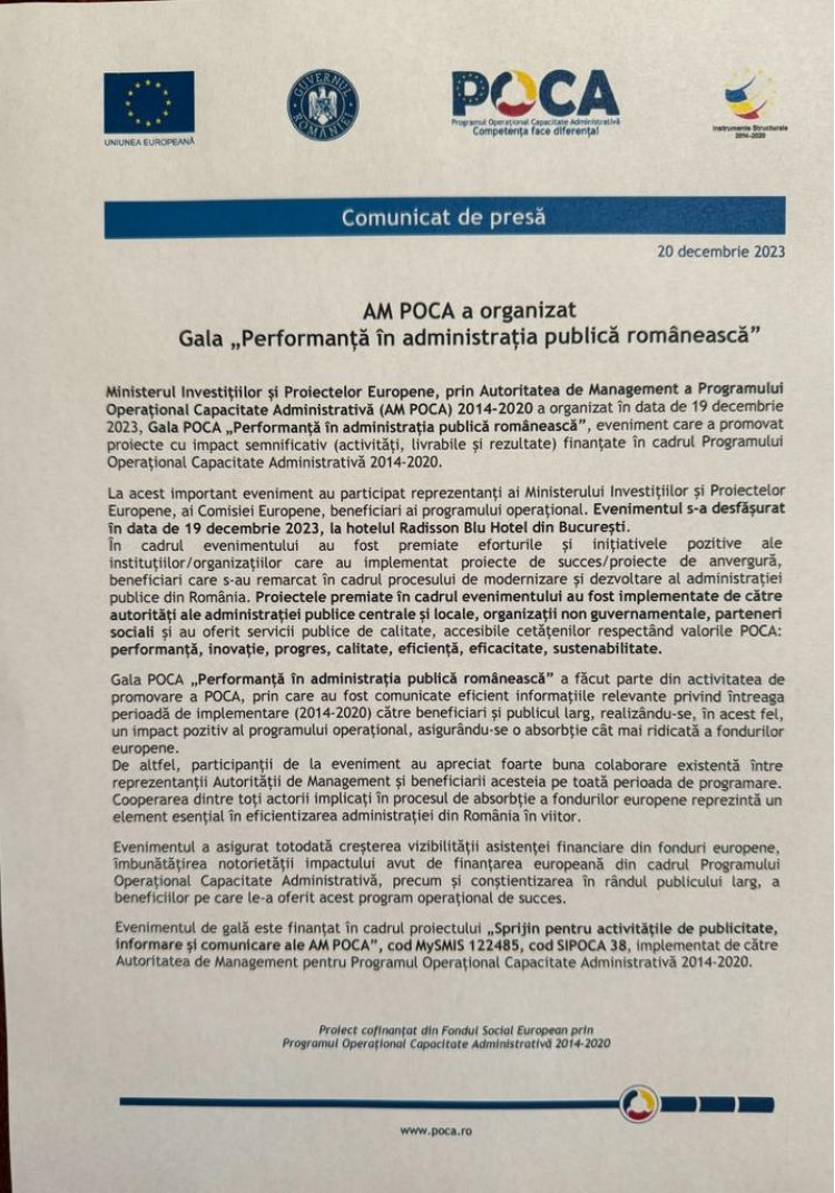 AM POCA a organizat Gala „Performanță în administrația publică românească”
